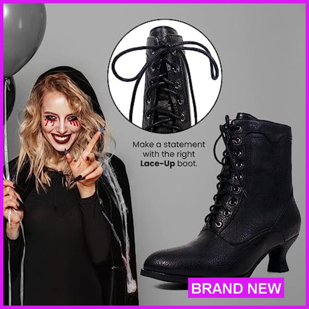 Victorian Ankle Boots Mid Calf Round Toe Chunky Heel Lace Up Detail - Picture 5 of 7